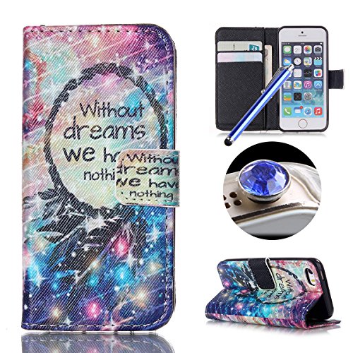 Etche Book Case for iPhone 5/5S,Leather Case for iPhone 5/5S,Wallet Case for iPhone 5/5S,Luxury Dreamcatcher Folding Magnetic Pu Leather Flip Case with Stand for iPhone 5/5S with Blue Stylus Pen and Bling Glitter Diamond Dust Plug Colors Random-Dreamcatcher
