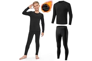 AUYAO Zestawy termiczne warstwy bazowej dla dzieci, sportowy kombinezon kompresyjny dla dzieci, ciepła kompresyjna bielizna termiczna, dziecięca czarna ciepła warstwa bazowa z długim rękawem, zestaw