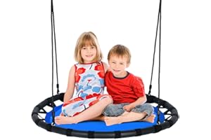 GYMAX Kids Nest Swing, 40”/100cm Round Tree Swings with Height Adjustable Hanging Ropes, Indoor Outdoor Children Saucer Swing for Backyard Garden, 150kg Capacity (Blue)