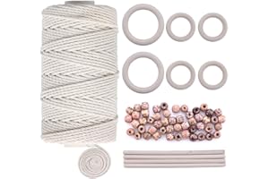 Quacoww 109 Yards Natural Macrame Cord 3mm with 6pcs Wood Ring and 4pcs Wooden Stick for DIY Plant Hangers, Crafts, Knitting