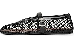 HiGropcore Mesh Ballet Flats Women, 2024 New Strappy Fishnet Buckle Flats, Sexy Mary Jane Ballerina Shoes Comfortable Dress Shoes Slip-on Loafers