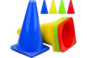 Komoyo 12pcs Cônes de Signalisation, 4 Couleurs Cones de Sport 23 Cm, Cone Plastique Activités Intérieures/Extérieures pour Football, Soccer, Jeux, Cône Entrainement, Plot Sport Enfant