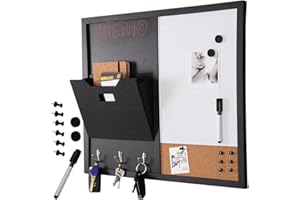 BAKAJI Magnetische Tafel mit Memopinnwand aus Kork, 60 x 40 cm, Holzrahmen mit Dokumentenfach, 3 Haken, Schlüsselanhänger, Marker, Magnete und 6 Reißzwecken, modernes Design für Zuhause und Büro