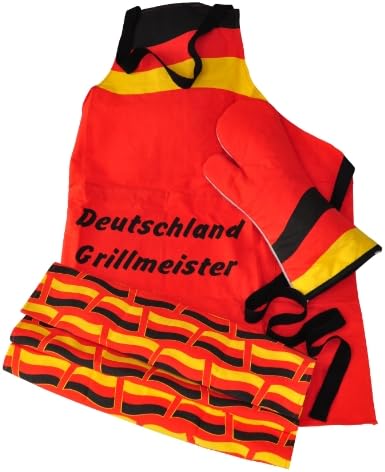 Brauns 95010 Barbecue Clothing 3-Part Set Black / Red / Gold "Deutschland Grillmeister" ("Germany Master Griller") Design