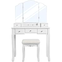 VASAGLE Coiffeuse Blanche Avec Miroir LED 3 Couleurs + 5 Tiroirs & Tabouret – Table Maquillage Élégante RDT25WL