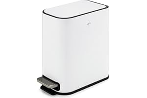 RED FACTOR Cubo de basura con pedal fino de 5 l, de acero inoxidable, tapa de cierre suave y cubo interior extraíble para baño, cocina u oficina (blanco metálico)