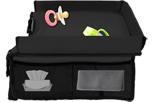 SHAOJIAN 1Pcs Travel Tray for Kids in Car, Toddler Car Seat Lap Tray Table for Long Journeys, Foldable Kid Play Tray with Adjustable Shoulder Strap and Pocket, Roadtrip Essentials for Outdoor Travel (Black)