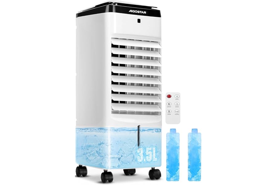 Aigostar Olaf Remote Control 3 Wind Speed Evaporative Cooler with Timer for Car Shutdown 3.5L Water Tank with Swivel Wheel Base for Moving