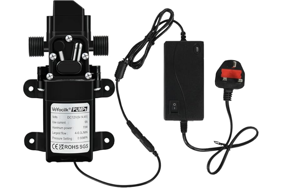 VeYocilk DC 12V Diaphragm Pump,1GPM 4L/Min Fresh Water Pump with Pressure Switch and Power Supply for Campervan,Kitchen,Bathroom,Water Tank