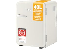 TZS First Austria - Mini Frigorífico Retro 40L silencioso - Pequeño Minifrigo diseño vintage con luz interior y 2 compartimentos de puerta - Minibar para camping, oficina, dormitorio y hotel - Crema