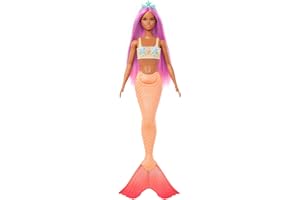 Barbie Muñeca Sirena con Cabello de fantasía Rosa y Diadema, Juguete con corpiño con Estrellas de mar y Cola de Color Naranja Pastel - para niños y niñas + 3 años, HRR05