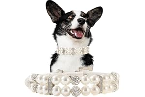 HOTLION Pearl Dog Collar For Small Dogs, Cute Pu Leather Beaded Cat Necklace With Rhinestone Diamond For Puppy Small Medium Dogs Wedding & Birthday Party