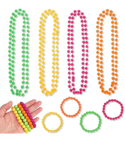 4 Colliers Perles Néon Fluo UV Floor - Réagit Lumière Noire - Accessoire Soirée Disco Années 80