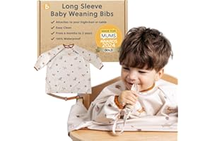 BIBaDO - Long Sleeve Baby Bibs - Babies & Toddlers 6-36 Months - Coverall Weaning Bib - Easy Wipe Clean & Soft Fabric - Attach to Highchair & Tables - Waterproof - Machine Washable