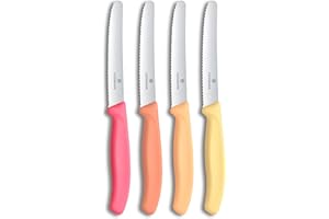 Victorinox Swiss Classic Couteau à Petit Déjeuner, Couteau à Pain, Set de 4 pièces, Lame Tranchante, Dentelée, 11 cm, Acier Inoxydable, Rose, Orange et Jaune