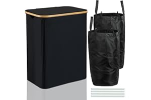 ROSOS Wäschekorb mit Deckel, 150L Faltbarer Wäschekorb 2 Fächer mit Herausnehmbaren Wäschesack, Wäschesammler mit Deckel & Bambus Griff, Wasserdichter Wäschebox mit Deckel, Schwarz