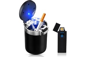 NIZIRIOO Cendrier Voiture Avec Couvercle Cendrier: LED Voyage Cendrier Voiture Portable en Acier Inoxydable Avec, Cendrier Auto-extinguible Sans Fumée pour Porte-gobelet Voiture Bureau Domicile