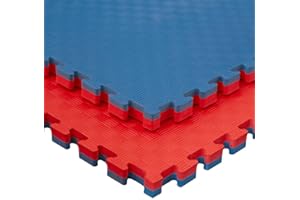 JOWY Tapis en Mousse de Caoutchouc Structure Tatami Puzzle 20mm Gym Floor 5 Lignes Idéal Arts Martiaux, Judo, Tatami Japonais | 1m x 1m x 2cm Couleur Rouge et Bleu