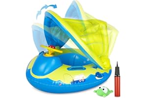 Gifort Flotador Bebé Piscina, Barco Niños Flotador Hinchable con Toldo Ajustable y Volante, Anillo de Natación Playa Baby Float para Bebé de 12 a 48 Meses, 70cm x 60cm