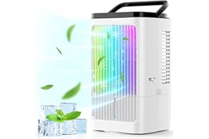 TUKIMA Klimaanlage mobil Luftkühler- Mobiles Klimageräte Persönlich Ventilator mit 4 Windgeschwindigkeiten 1200ml Wassertank 7 Farben Licht 2 Sprühfunktion, 1-8H Timer, für Schlafzimmer Büro