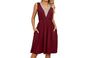 YloveM Vestido Mujer Verano Cuello en V Color Sólido Holgado Casual Largo Vestido Sin Mangas con Bolsillos
