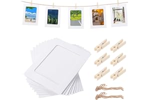 HonGien Paper Picture Frames,50Pcs Paper Photo Frame with 50Pcs Clips and 2Pcs Hanging Ropes,Hanging Album Frame for Displaying Beautiful Cute Photos and Dectorating Home Classrooms (White)