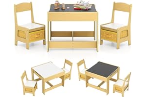 GOPLUS Juego de Mesa y 2 Sillas Infantil 3 en 1, Grupo de Asientos y Escritorio con Pizarra para Niños, Mueble Infantil con Cajon de Almacenamiento Que Ahorra Espacio, Madera, Naranja (Amarillo)
