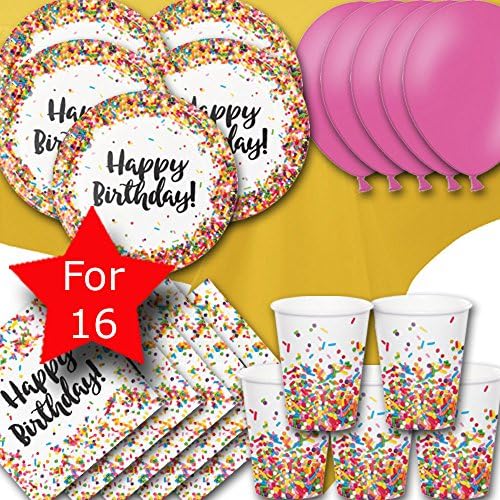 Sprinkles Birthday Party Pack for 16 - Plates, Cups, Napkins, Balloons and Tablecovers