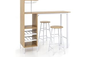 COSTWAY 3 Piece Bar Table Set, Kitchen Table and Stools with Glass Holders, Wine Racks, Storage Shelves & Adjustable Foot Pads, Counter Height Dining Table Set for Bistro Living Room (Natural)