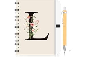 BBTO Personalized Initial L Spiral Notebook and Pen Set, Floral B6 Notebook with Bamboo Pen Letter Gift for Women Men Christmas Birthday Valentine's Day