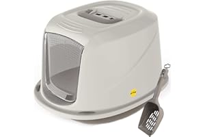 CAT CENTRE Medium Grey Hooded Kitten Litter Tray +Waste Scoop Set Carbon Filter Small Cat Toilet Pet Box Loo Pan Starter Pack Portable Swing Flap Door Carry Handle Galaxy Rounded Corners Easy Cleaning