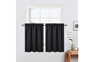 LinTimes Blackout Short Curtains for Bathroom Set 2 Panels Rod Pocket Cafe Tier Curtains Light Blocking Blackout Room Darkening Camper Curtains for Small Windows Kitchen 26x24 Inch Length Black