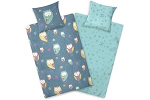 ‎AMINATA KIDS Aminata kids Biber Bettwäsche Eule 135x200 Kinder Baumwolle Tier-Motiv, Reißverschluss warm & kuschelig, Flanell-Winter-Bettwäsche-Set - Wendebettwäsche mit Eulen und Sternen blau, türkis