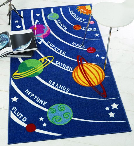 Planets Blue childrens rug. Space, Universe design. Large size 100 x 190cm Anti slip on hard floor. UK MAINLAND POSTAGE ONLY