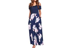 STYLEWORD Women's Summer Cold Shoulder Short Sleeve Maxi Dress Floral Print Elegant Long Dress with Pockets