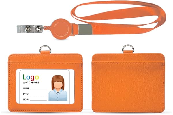 HYCOPROT Porte-badge en PU cuir avec 1 Transparent fenêtre d'Identité et 1 fente pour Carte d'Identité,Retractable Yoyo et Porte-Clés Travail Étudiant Exposition (Orange, Horizontal)