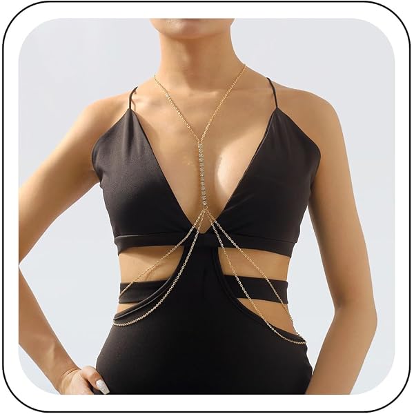 Chaîne De Poitrine Femme Multicouche Dorée - Accessoire De Soirée, Fête, Club - Longueur Env. 90 Cm