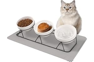 Vikcvcsc 3 X Ciotole per Gatti Rialzate, Ciotole per Gatti Ceramica Inclinata di 15° con Tappetino Antiscivolo e Struttura in Metallo, Ciotola Acqua Gatto, Ciotola per Cani Piccoli