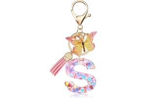 JOYRAY Alphabet Keychain | Initial Letter Keyring with Butterfly Tassel Resin Pendant Charm Cute Pink Style for Female Girls Women Girlfriend Daughter Birthday Gift Purse Bag Handbag Luggage Travel Deco