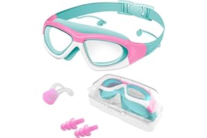Victoper Kids Swimming Goggles 4-16 years, Upgraded Design Anti-Fog Anti-UV Wide Clear View Soft Silicone Adjustable Swimming Goggles with Ear&Nose Plug for Girls Purple