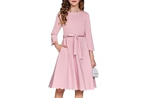 Arshiner Filles Robe de fête Robe d'automne Robe de Princesse Scallop Trim Belted A-Line Formelle Robes Midi festives avec Poches pour 6-15 Ans