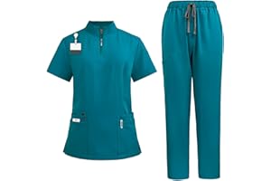 Meichoon Set de uniformes médicos para mujer con cuello en V y cremallera, cuatro bolsillos, pantalón de yoga elastizado, uniforme de trabajo para atención médica, salón de belleza DK50