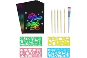 Ovtai Feuille a Gratter, Dessin Gratter pour Enfants, 50 Tableaux à gratter pour Enfant Motif Arc-en-Ciel avec 4 pochoirs 5 Stylets en Bois pour Dessins,Écriture