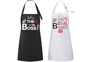 ROSEMO 2pcs Mr. & Mrs Küchen Schürze The Boss und The Real Boss Lustige Paare Küchenschürze mit Tasche Verstellbar Kochschürze Grillschürzen Geschenk für Hochzeit Verlobung Valentinstag Weihnachten