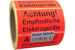 ZEGA-LABELS Warnetiketten auf Rolle - Achtung Empfindliche Elektrogeräte - 500 Stück je Rolle - 100 x 50 mm - Leuchtrot Haftpapier stark haftend - Versandaufkleber