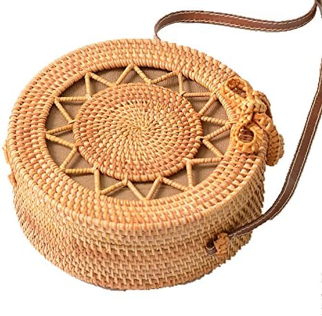 Handmade Women's Rattan Woven Beach Shoulder Bag Round Purse Hollow Out Summer Handbag (S, Beige)