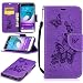 Produktbild LMAZWUFULM Hülle für Samsung Galaxy J3 DUOS / J320F 2016 5,0 Zoll PU Leder Magnetverschluss Brieftasche Lederhülle Elegant Pfirsich Blüte und Schmetterlinge Prägung Design von Book style mit Stent-Funktion und Karten Slot Ledertasche Flip Cover für Samsung Galaxy J3 DUOS / J320F 2016 (5,0 Zoll) Lila
