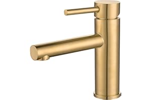 VALAZ Grifo Lavabo Dorado Cepillado Protección PVD | Grifo Monomando Lavabo, Mezclador Agua Fría y Caliente, Ahorro de Agua | Instalación Facil, Latón, Inoxidable, Oro Mate, Caño Recto, Serie Palancia