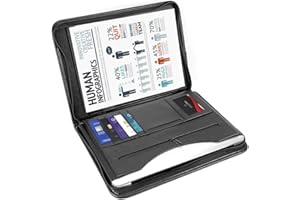 Greensen A4 Konferenzmappe PU Leder Schreibmappe Schwarz Dokumenten-Tasche mit Reißverschluss Schreibblock mit Fächern Dokumentenmappe Idealer Dokumenten Organizer