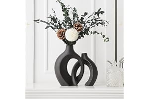 Gevvnss Set med 2 svarta keramiska vaser - modern ihålig munk för blommor, nordisk minimalistisk för hem- och vardagsrumsdeko
